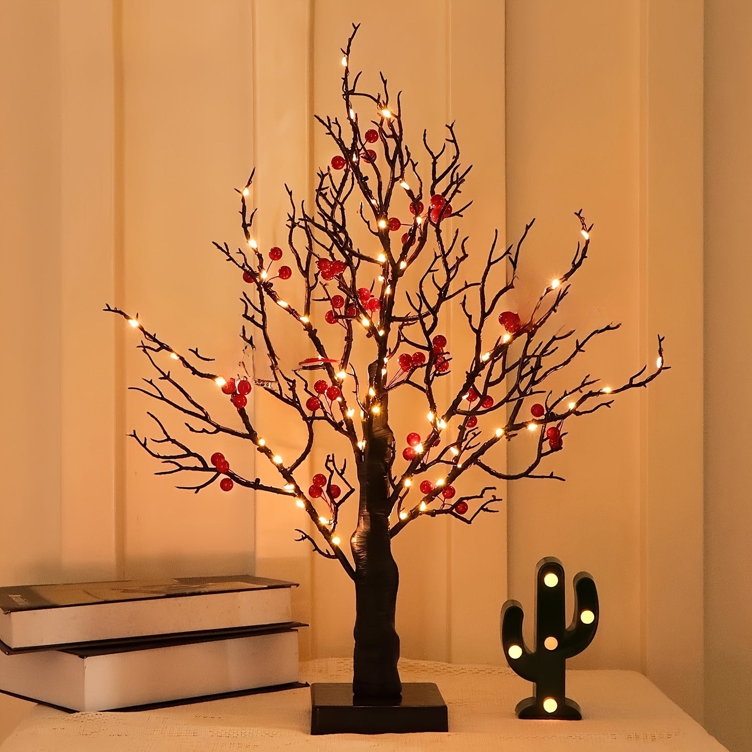 Árvore de Bétula Preta LED 60cm com Frutos e Pássaros Vermelhos