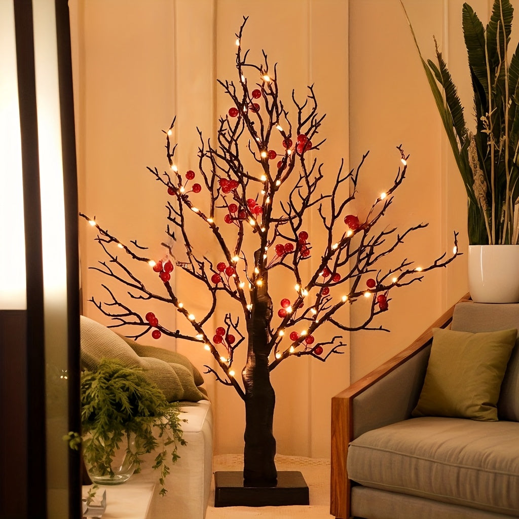Árvore de Bétula Preta LED 60cm com Frutos e Pássaros Vermelhos