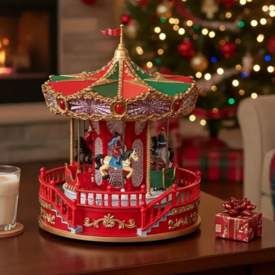 Decoração Natal Carrossel Animado Musical Giratório - Vermelho