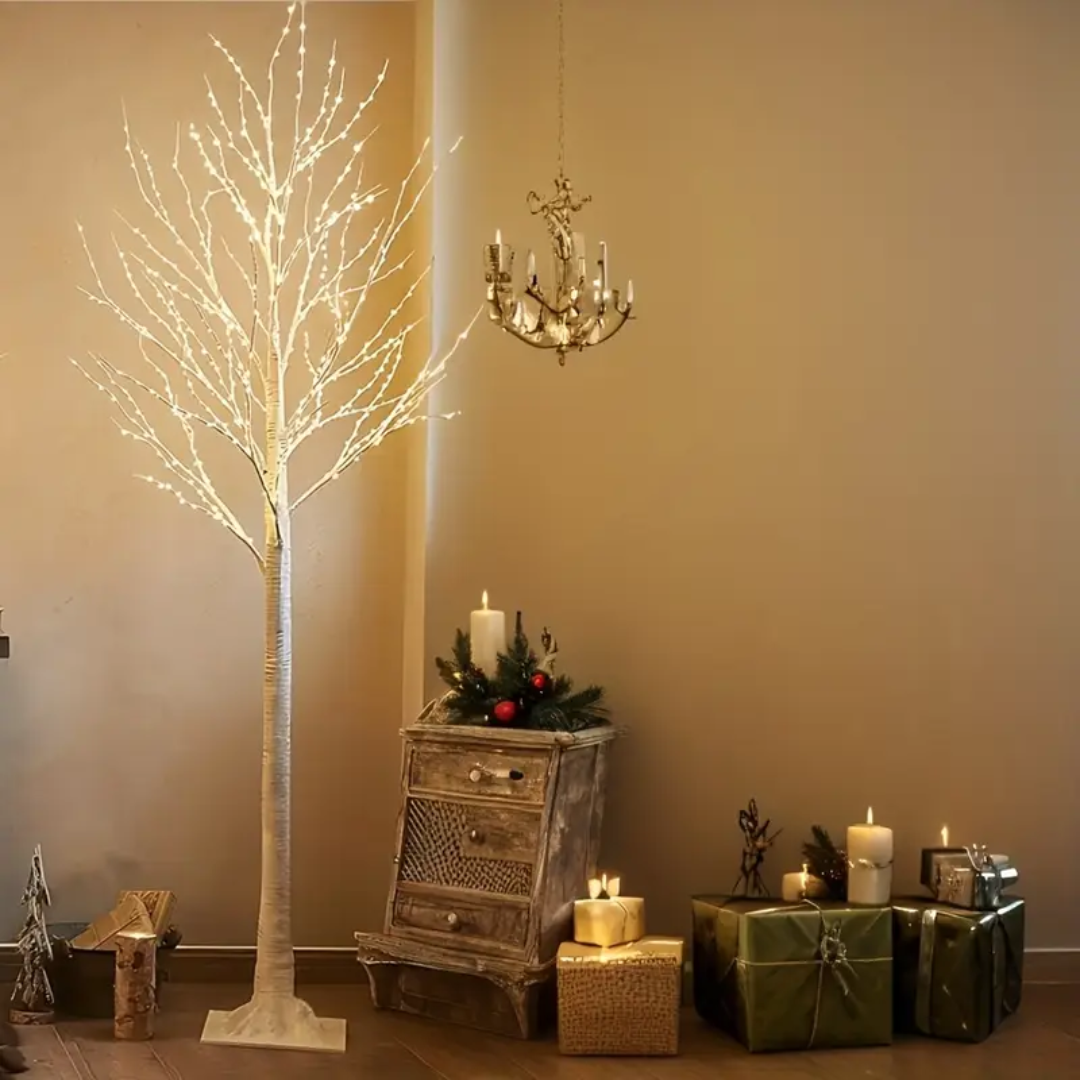 Conjunto de Árvores de Natal com Luzes Integradas em Ramos de Bétula Branco - 3 Peças