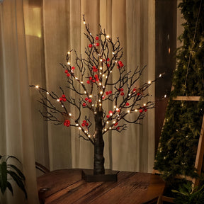 Árvore de Bétula Preta LED 60cm com Frutos e Pássaros Vermelhos