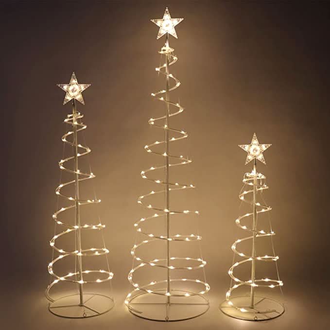 Conjunto de 3 Árvores de Natal Espiral Iluminadas com LED Branco Quente – 0,91 m, 1,22 m e 1,52 m