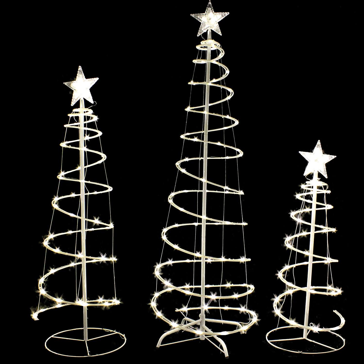 Conjunto de 3 Árvores de Natal Espiral Iluminadas com LED Branco Quente – 0,91 m, 1,22 m e 1,52 m
