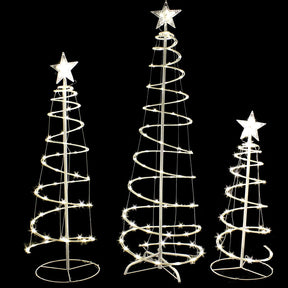 Conjunto de 3 Árvores de Natal Espiral Iluminadas com LED Branco Quente – 0,91 m, 1,22 m e 1,52 m