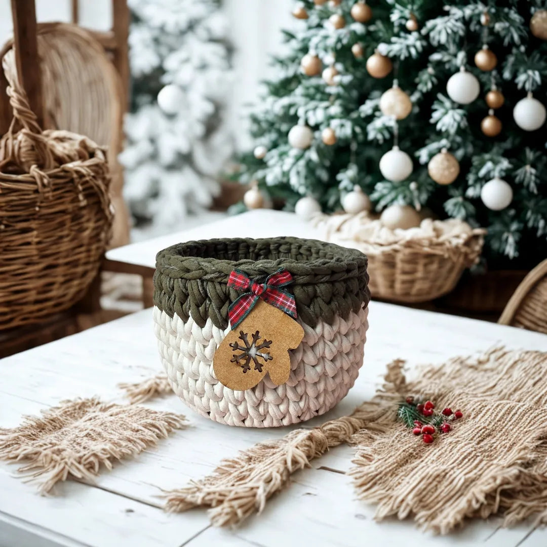 Porta Panetone de Crochê - Branco/Verde com Luvinha