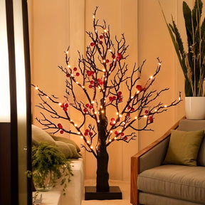 Árvore de Bétula Preta LED 60cm com Frutos e Pássaros Vermelhos