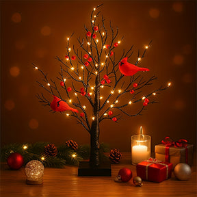 Árvore de Bétula Preta LED 60cm com Frutos e Pássaros Vermelhos