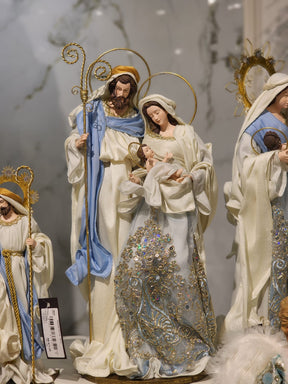 Sagrada Família em Resina com Base Azul – Peça Sacra para Altar ou Lar